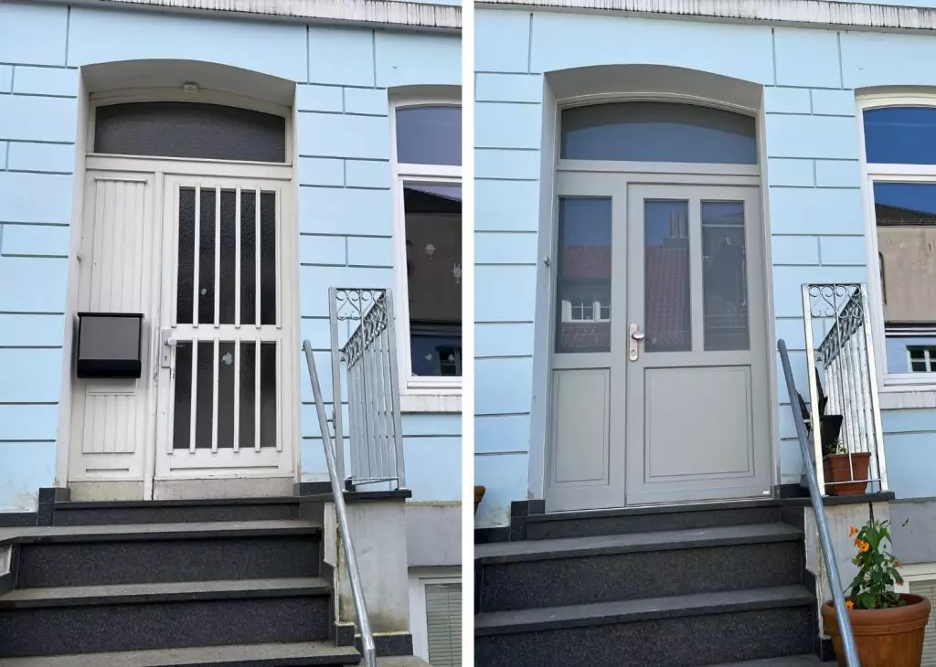 Haustür Holzhaustür 1 Grau Stichbogen Ornamentverglasung Kemena Bremen