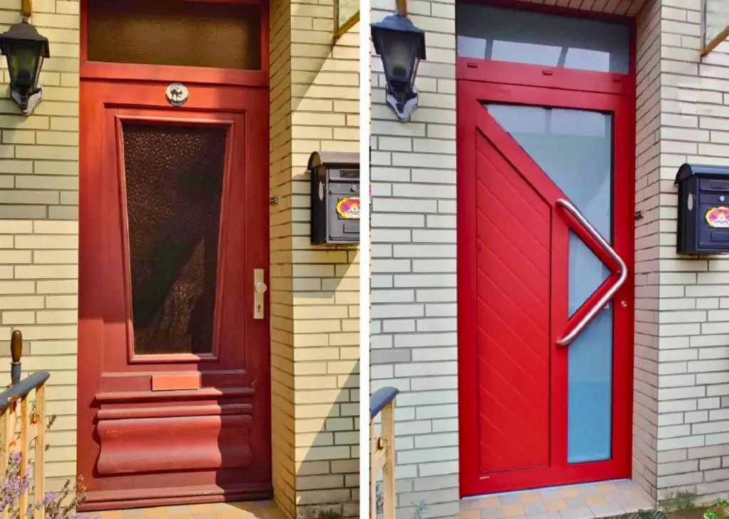 Haustür Aluminium 20 Aluminiumhaustür rot Glasausschnitt Dreieck Oberlicht individuell Weru Kemena Bremen
