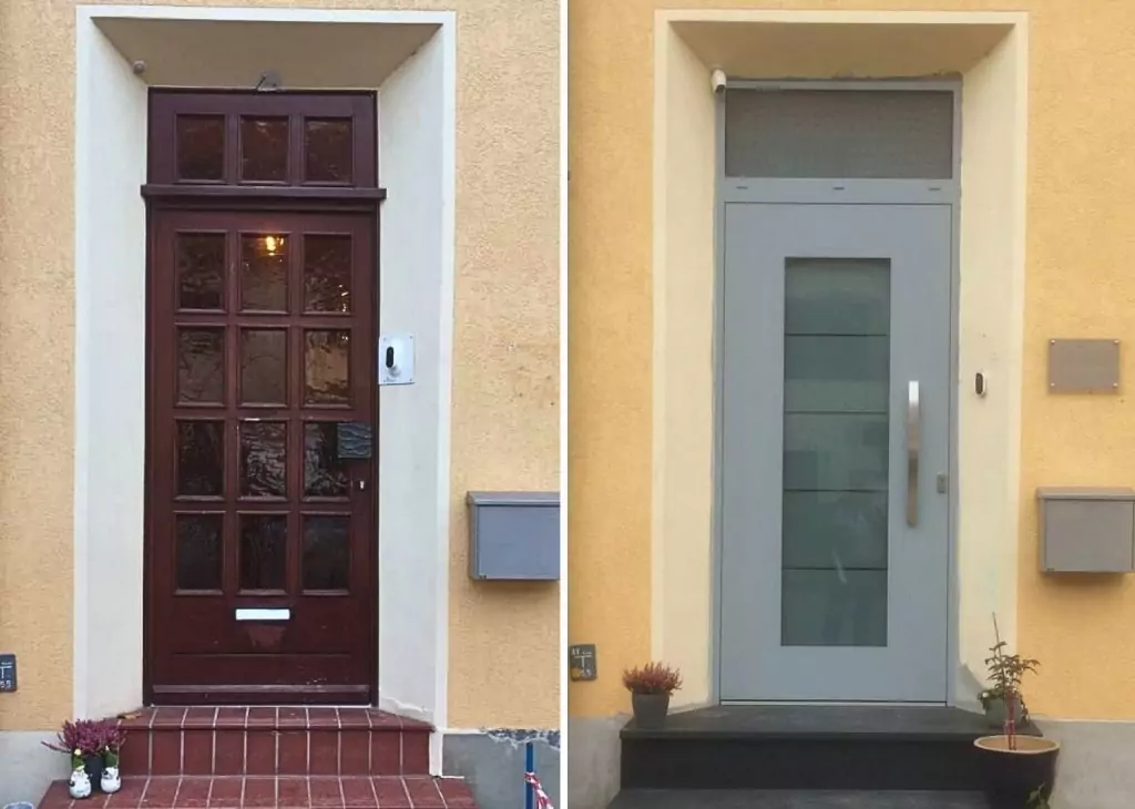 Haustür Aluminium 22 Aluminiumhaustür hellgrau grau Glasausschnitt Oberlicht Weru Kemena Bremen