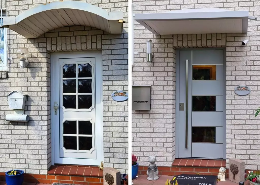 Weru Haustür und Vordach vorher nachher 1
